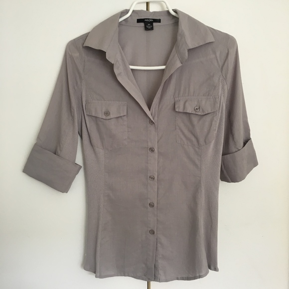 MAJORA 3/4 Sleeve Gray Shirt Button Down Blouse With Pockets Size S - Picture 1 of 9